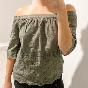 Daniel Rainn Blouse Top Stitch Fix Eyelet Off the Shoulder Olive Green Boho